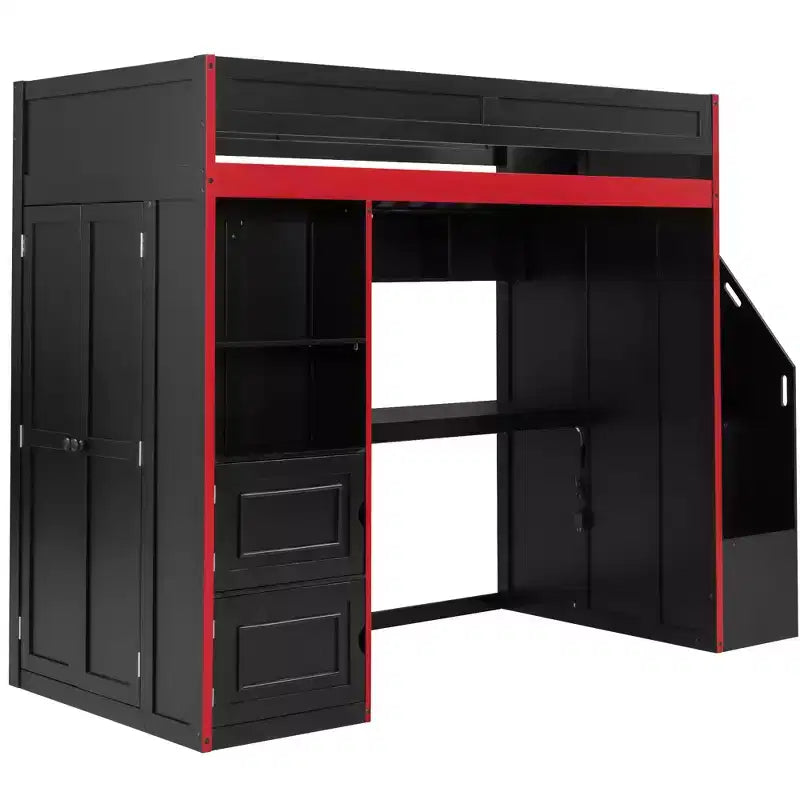 Letto a soppalco da gaming Twin/Full Size con scrivania e scale contenitore, letto a soppalco in legno massiccio con luci a LED, armadio e mensole, letto da gaming salvaspazio