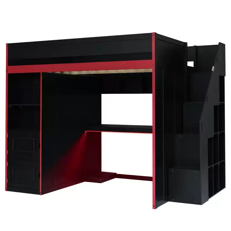 Letto a soppalco da gaming Twin/Full Size con scrivania e scale contenitore, letto a soppalco in legno massiccio con luci a LED, armadio e mensole, letto da gaming salvaspazio