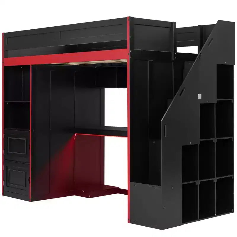 Letto a soppalco da gaming Twin/Full Size con scrivania e scale contenitore, letto a soppalco in legno massiccio con luci a LED, armadio e mensole, letto da gaming salvaspazio