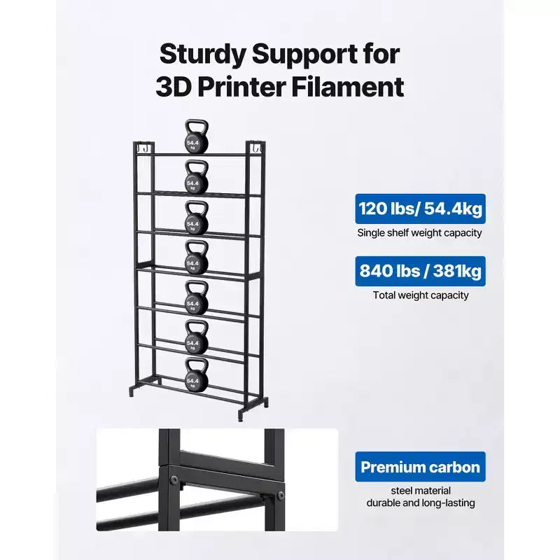 VEVOR Scaffale per Filamenti Stampante 3D, 7 Ripiani Resistente per Filamenti di Stampa 3D, Porta Bobine Filamenti (Solo Scaffale), Nero