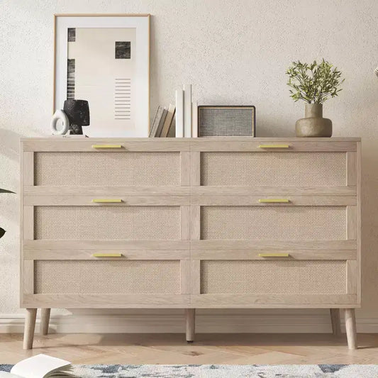 6-Drawer Rattan Dresser with Gold Metal Handles,Farmhouse Chest with 5 Sturdy Legs for Bedroom, Living Room, Hallway & Entryway