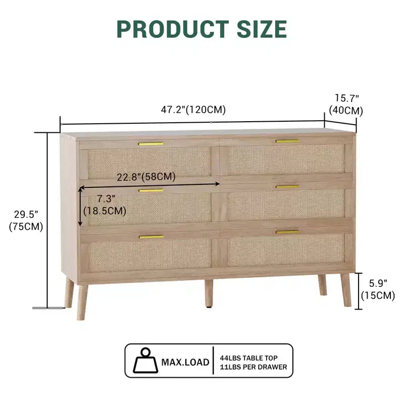 Comò a 6 cassetti in rattan con maniglie in metallo dorato, cassettiera in stile rustico con 5 gambe robuste per camera da letto, soggiorno, corridoio e ingresso