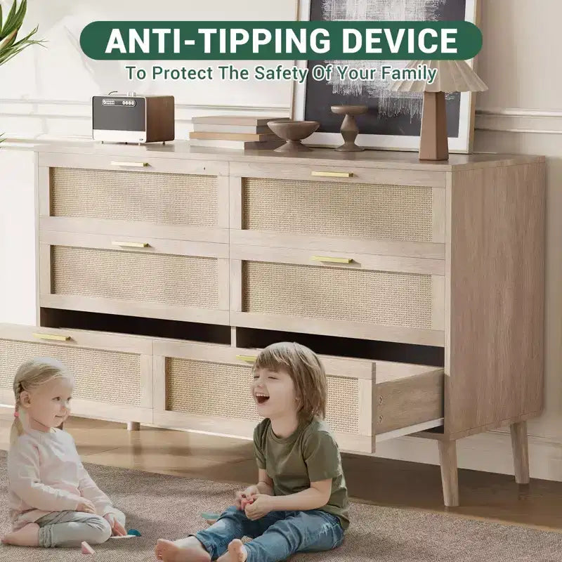 Comò a 6 cassetti in rattan con maniglie in metallo dorato, cassettiera in stile rustico con 5 gambe robuste per camera da letto, soggiorno, corridoio e ingresso