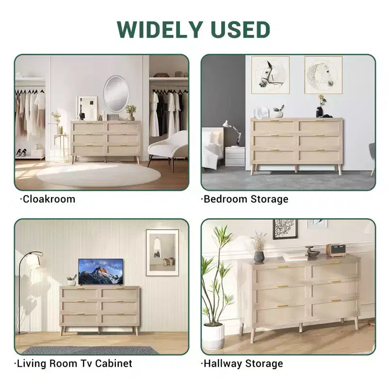 Comò a 6 cassetti in rattan con maniglie in metallo dorato, cassettiera in stile rustico con 5 gambe robuste per camera da letto, soggiorno, corridoio e ingresso