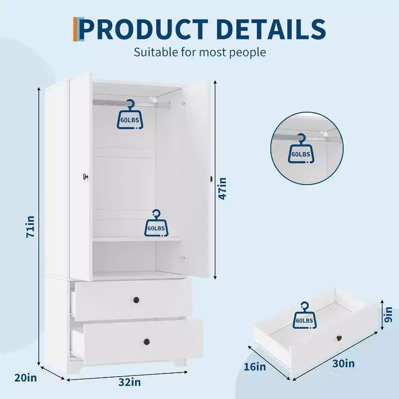 Armadio Guardaroba, Mobile Contenitore per Abiti in Legno da 71", 1 Ripiano Regolabile e 2 Cassetti, Armadio con Asta Appendipe per Camera da Letto