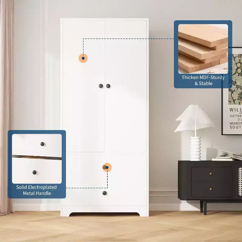 Armadio Guardaroba, Mobile Contenitore per Abiti in Legno da 71", 1 Ripiano Regolabile e 2 Cassetti, Armadio con Asta Appendipe per Camera da Letto