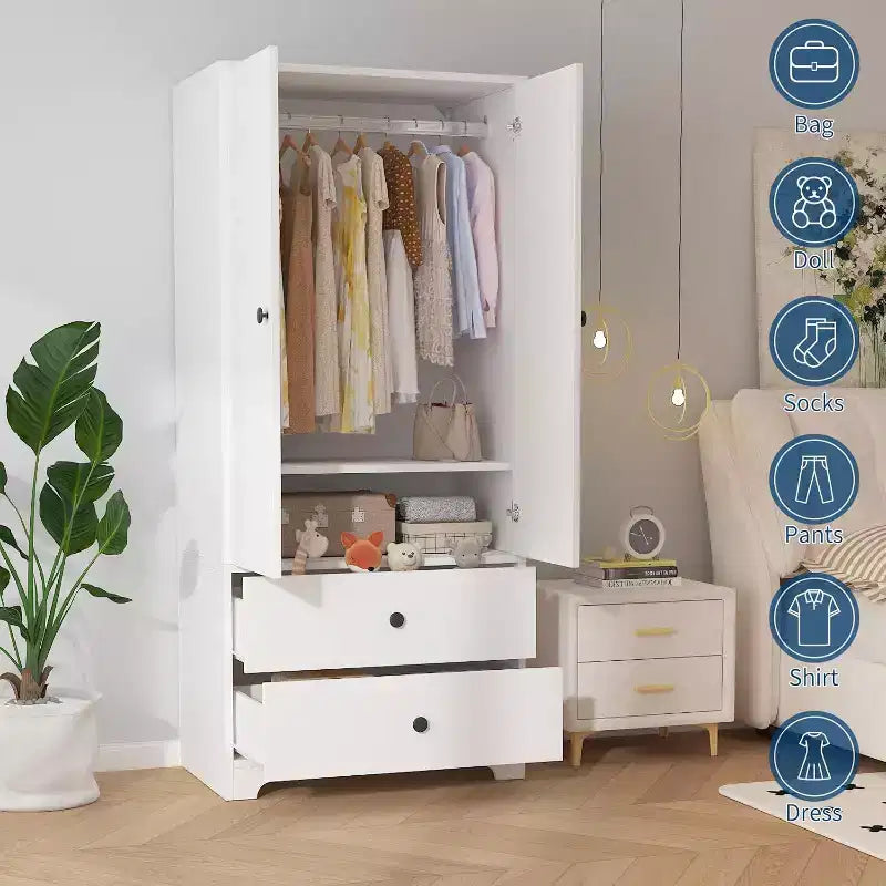Armadio Guardaroba, Mobile Contenitore per Abiti in Legno da 71", 1 Ripiano Regolabile e 2 Cassetti, Armadio con Asta Appendipe per Camera da Letto