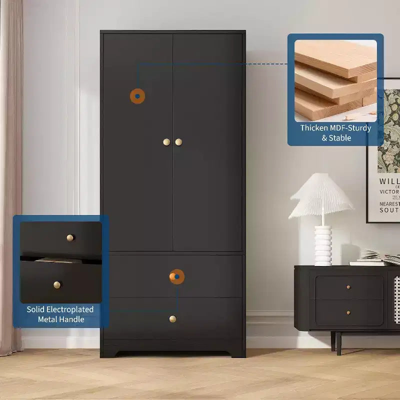 Armadio Guardaroba, Mobile Contenitore per Abiti in Legno da 71", 1 Ripiano Regolabile e 2 Cassetti, Armadio con Asta Appendipe per Camera da Letto