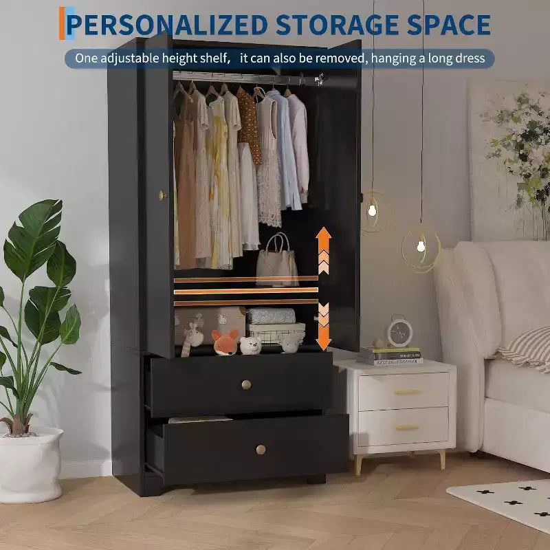 Armadio Guardaroba, Mobile Contenitore per Abiti in Legno da 71", 1 Ripiano Regolabile e 2 Cassetti, Armadio con Asta Appendipe per Camera da Letto