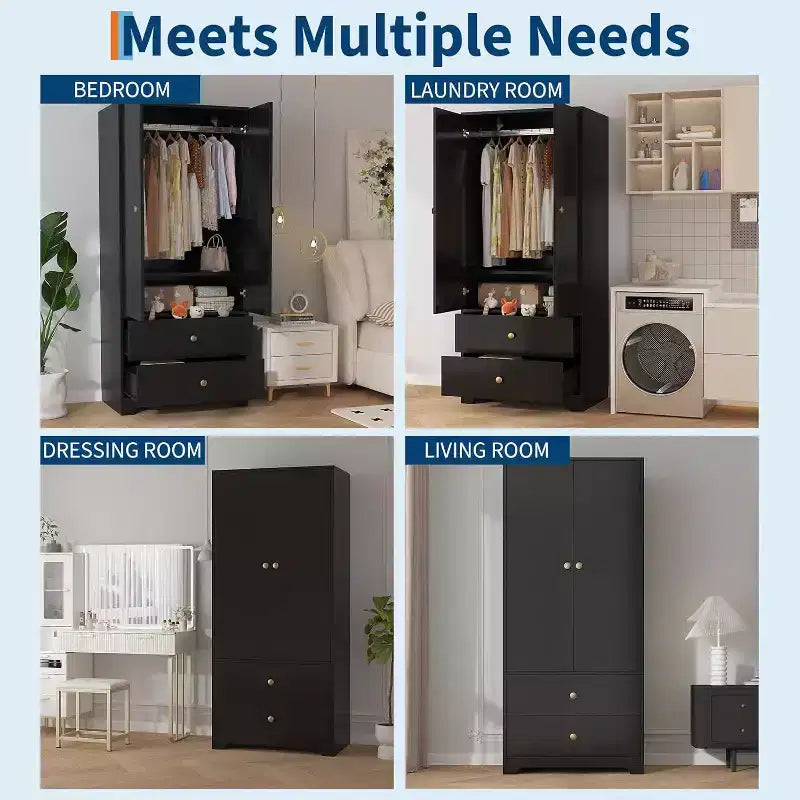 Armadio Guardaroba, Mobile Contenitore per Abiti in Legno da 71", 1 Ripiano Regolabile e 2 Cassetti, Armadio con Asta Appendipe per Camera da Letto