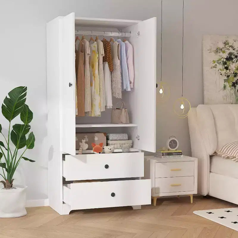 Armadio Guardaroba, Mobile Contenitore per Abiti in Legno da 71", 1 Ripiano Regolabile e 2 Cassetti, Armadio con Asta Appendipe per Camera da Letto