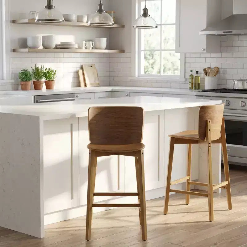 Set di 2 Sgabelli da Bar in Legno, Sgabelli da Bancone, Struttura in Legno di Gomma con Schienale Curvo Ergonomico per Isola Cucina Home Bar, Noce - ModernLuxe