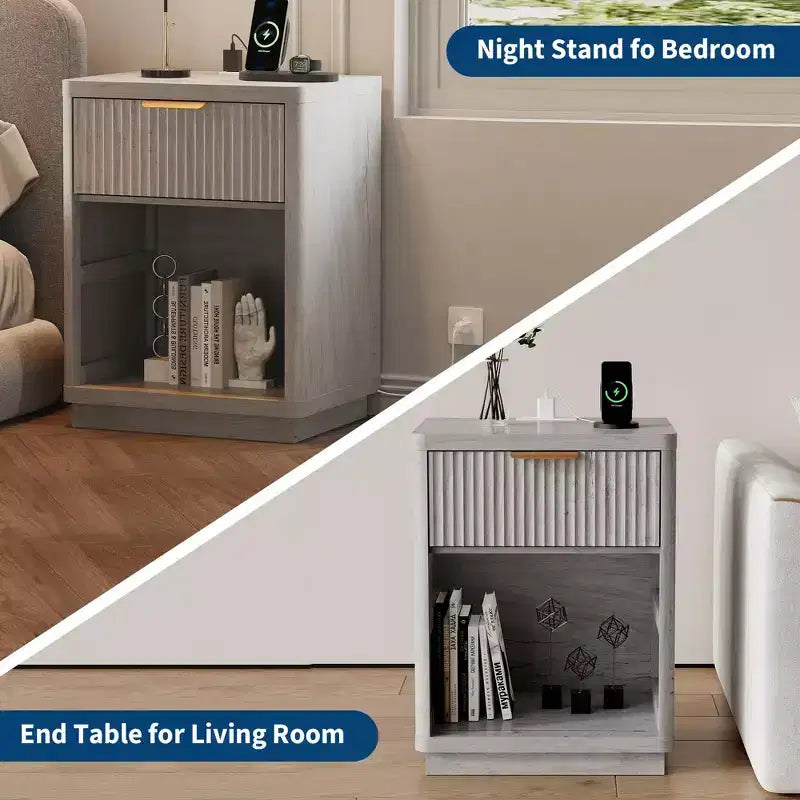 Comodini Scanalati Set da 2, Tavolini da Notte Stile Farmhouse con Stazione di Ricarica e 1 Cassetto Contenitore (Moderno di Metà Secolo)