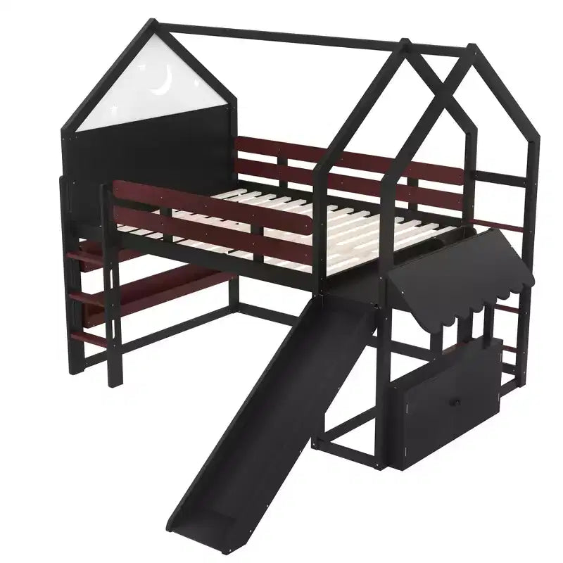 Bellemave - Letto a soppalco singolo per bambini con scivolo e libreria, struttura in legno massello con scaletta convertibile per bambini, letto a casetta
