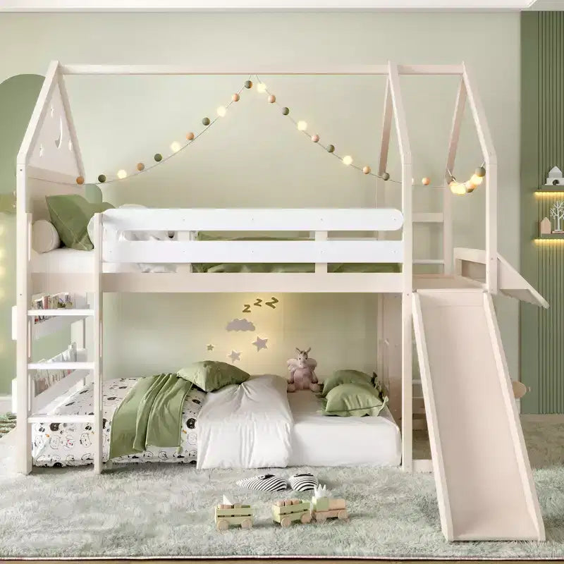 Bellemave - Letto a soppalco singolo per bambini con scivolo e libreria, struttura in legno massello con scaletta convertibile per bambini, letto a casetta