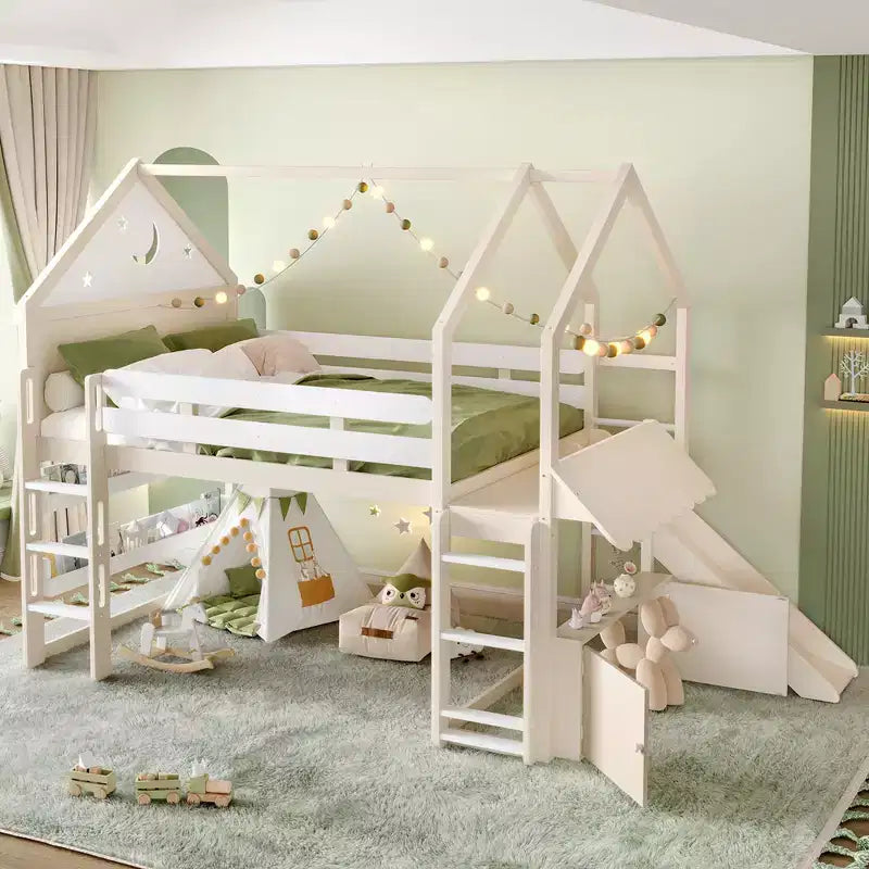 Bellemave - Letto a soppalco singolo per bambini con scivolo e libreria, struttura in legno massello con scaletta convertibile per bambini, letto a casetta