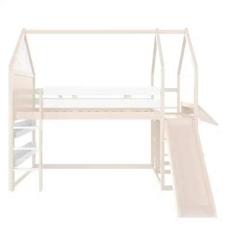 Bellemave - Letto a soppalco singolo per bambini con scivolo e libreria, struttura in legno massello con scaletta convertibile per bambini, letto a casetta