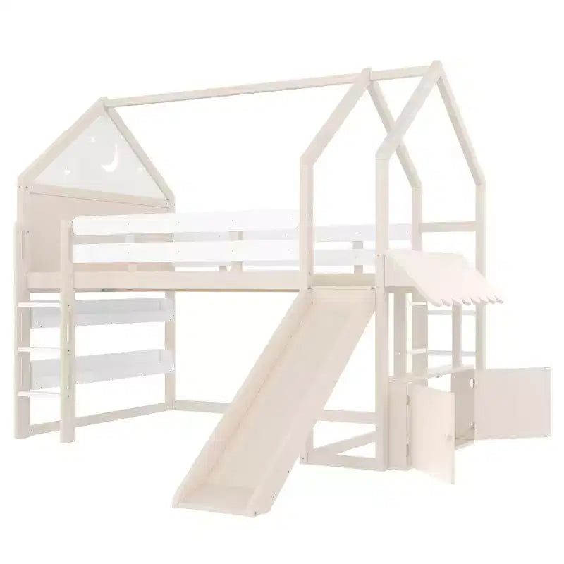Bellemave - Letto a soppalco singolo per bambini con scivolo e libreria, struttura in legno massello con scaletta convertibile per bambini, letto a casetta