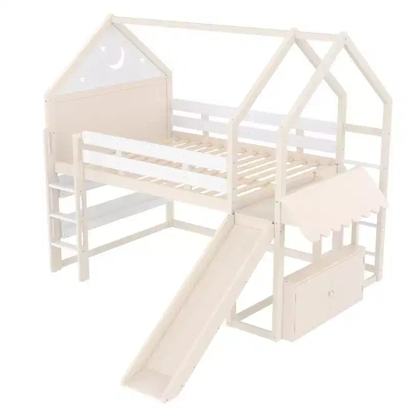 Bellemave - Letto a soppalco singolo per bambini con scivolo e libreria, struttura in legno massello con scaletta convertibile per bambini, letto a casetta