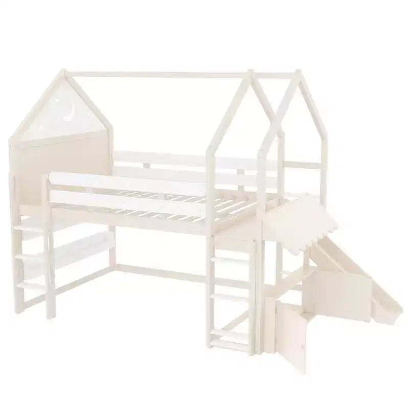 Bellemave - Letto a soppalco singolo per bambini con scivolo e libreria, struttura in legno massello con scaletta convertibile per bambini, letto a casetta