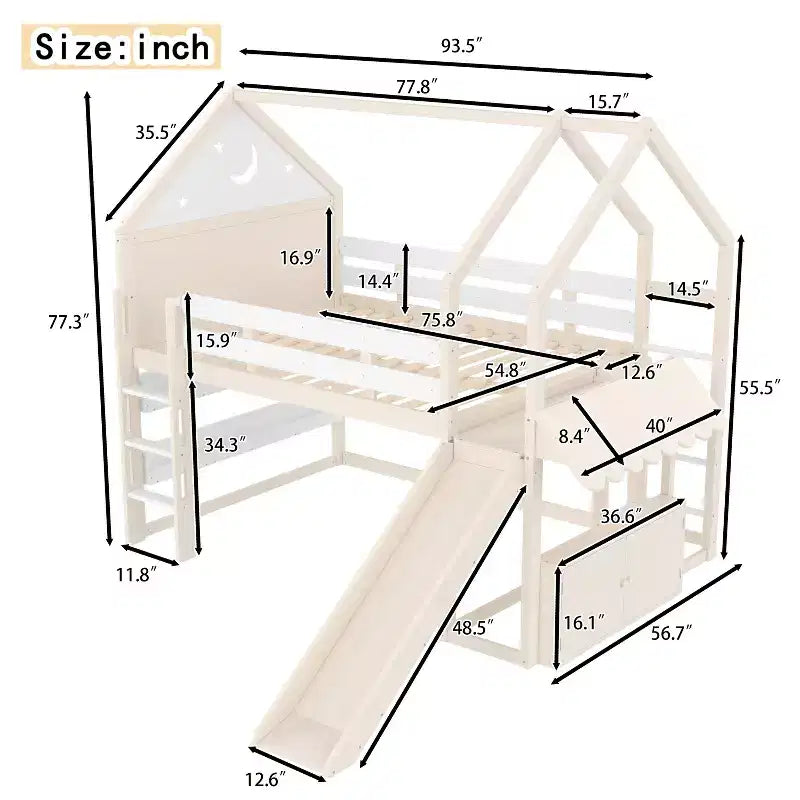 Bellemave - Letto a soppalco singolo per bambini con scivolo e libreria, struttura in legno massello con scaletta convertibile per bambini, letto a casetta