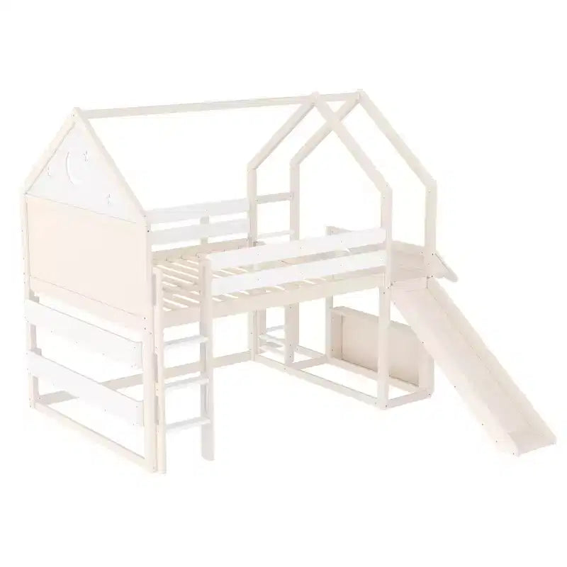 Bellemave - Letto a soppalco singolo per bambini con scivolo e libreria, struttura in legno massello con scaletta convertibile per bambini, letto a casetta