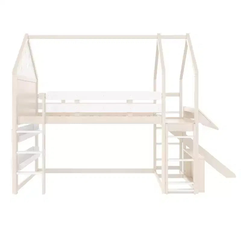 Bellemave - Letto a soppalco singolo per bambini con scivolo e libreria, struttura in legno massello con scaletta convertibile per bambini, letto a casetta