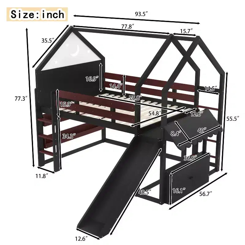 Bellemave - Letto a soppalco singolo per bambini con scivolo e libreria, struttura in legno massello con scaletta convertibile per bambini, letto a casetta