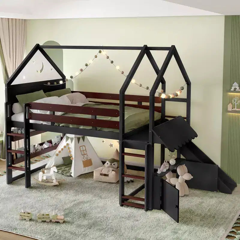 Bellemave - Letto a soppalco singolo per bambini con scivolo e libreria, struttura in legno massello con scaletta convertibile per bambini, letto a casetta