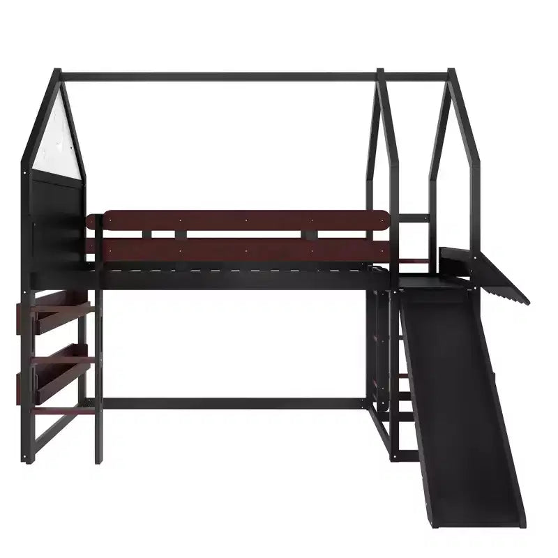 Bellemave - Letto a soppalco singolo per bambini con scivolo e libreria, struttura in legno massello con scaletta convertibile per bambini, letto a casetta