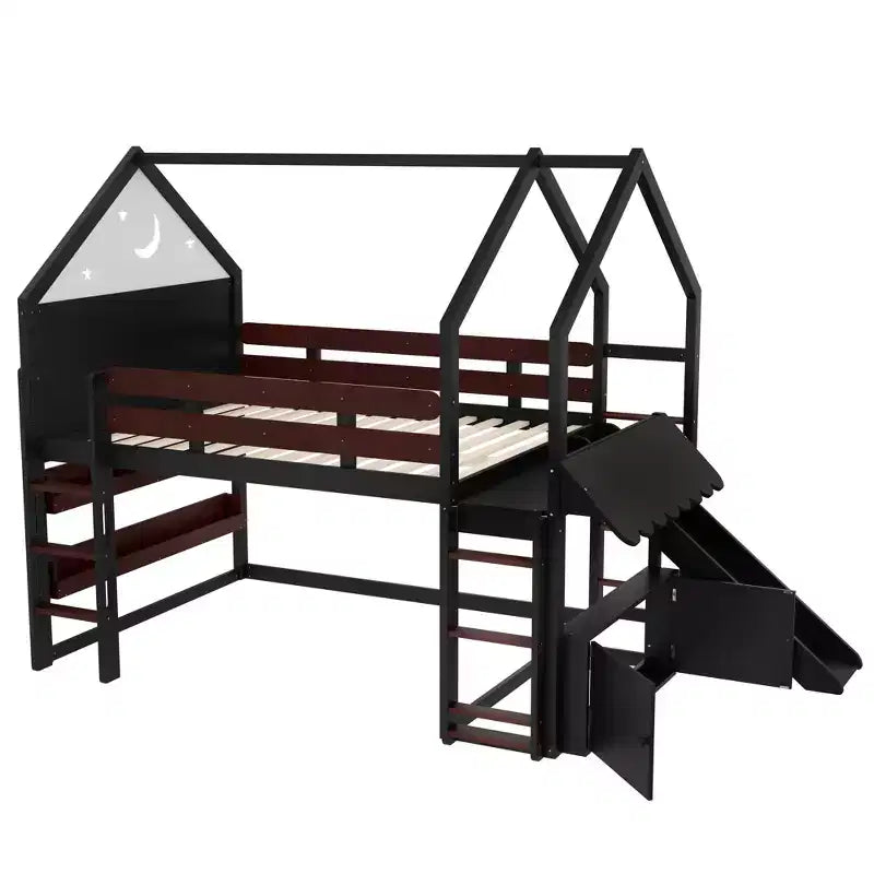 Bellemave - Letto a soppalco singolo per bambini con scivolo e libreria, struttura in legno massello con scaletta convertibile per bambini, letto a casetta