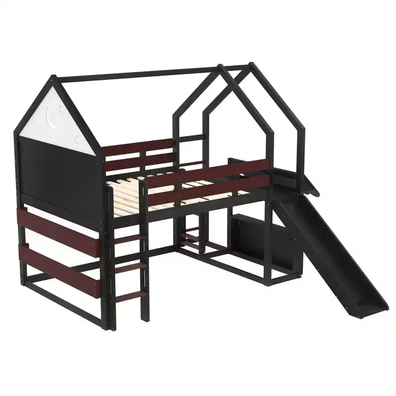 Bellemave - Letto a soppalco singolo per bambini con scivolo e libreria, struttura in legno massello con scaletta convertibile per bambini, letto a casetta