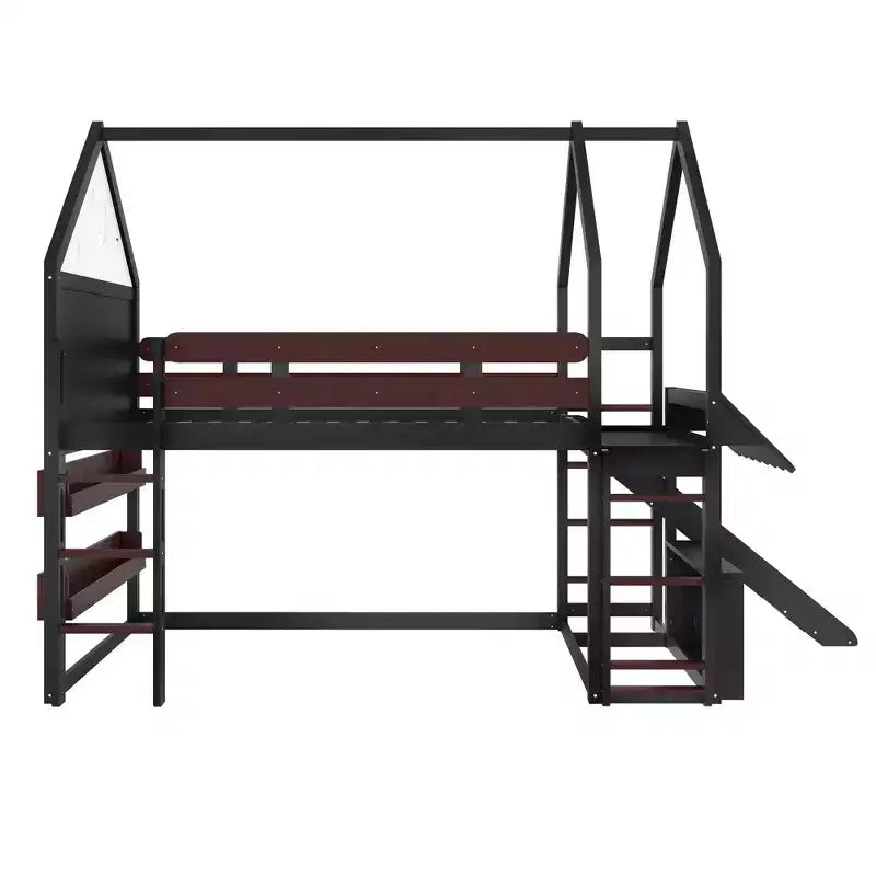 Bellemave - Letto a soppalco singolo per bambini con scivolo e libreria, struttura in legno massello con scaletta convertibile per bambini, letto a casetta