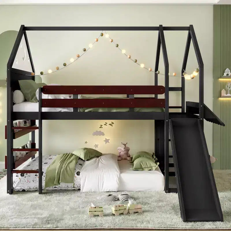 Bellemave - Letto a soppalco singolo per bambini con scivolo e libreria, struttura in legno massello con scaletta convertibile per bambini, letto a casetta