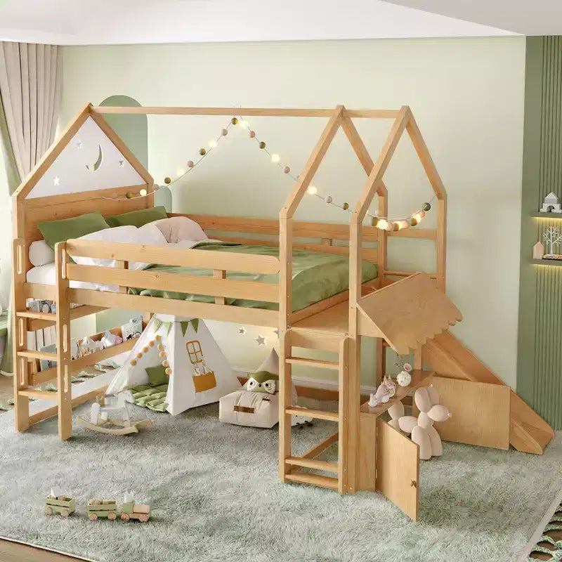 Bellemave - Letto a soppalco singolo per bambini con scivolo e libreria, struttura in legno massello con scaletta convertibile per bambini, letto a casetta