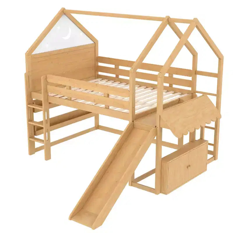 Bellemave - Letto a soppalco singolo per bambini con scivolo e libreria, struttura in legno massello con scaletta convertibile per bambini, letto a casetta