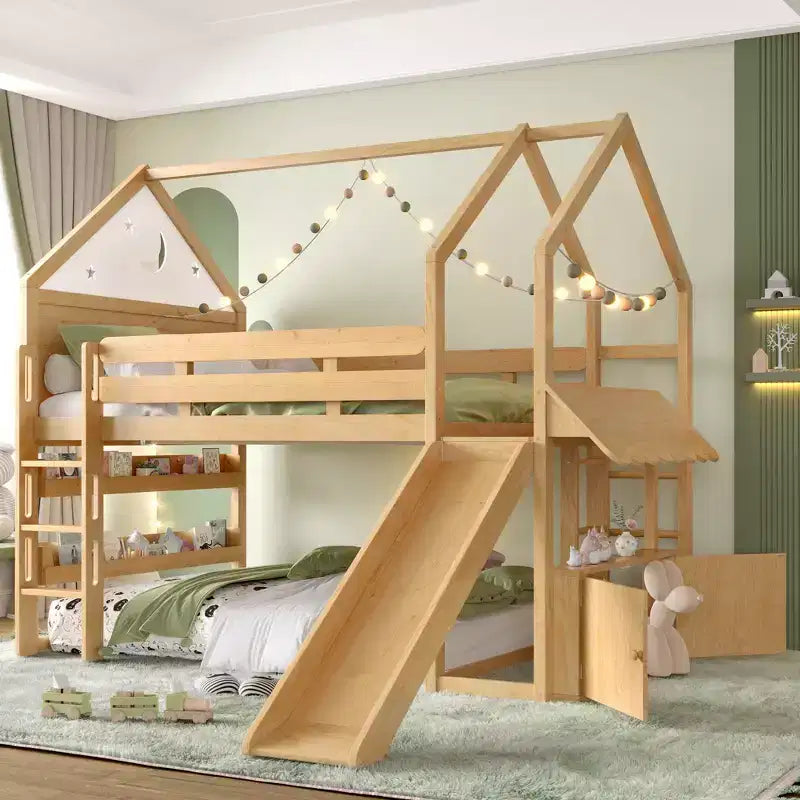 Bellemave - Letto a soppalco singolo per bambini con scivolo e libreria, struttura in legno massello con scaletta convertibile per bambini, letto a casetta