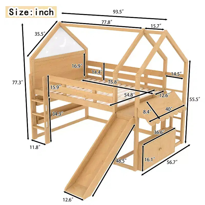 Bellemave - Letto a soppalco singolo per bambini con scivolo e libreria, struttura in legno massello con scaletta convertibile per bambini, letto a casetta