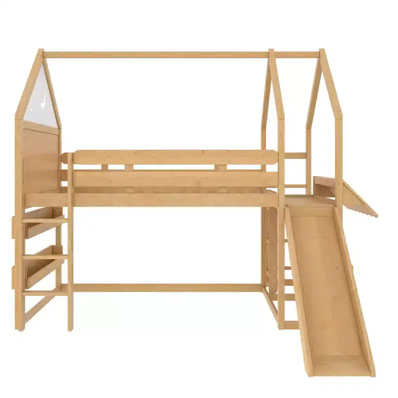 Bellemave - Letto a soppalco singolo per bambini con scivolo e libreria, struttura in legno massello con scaletta convertibile per bambini, letto a casetta