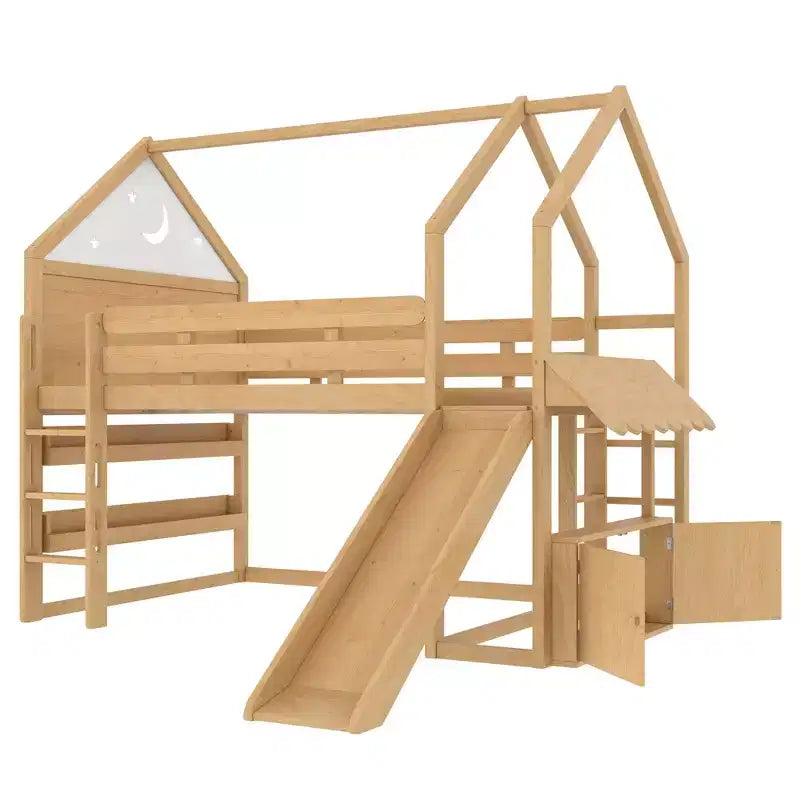Bellemave - Letto a soppalco singolo per bambini con scivolo e libreria, struttura in legno massello con scaletta convertibile per bambini, letto a casetta