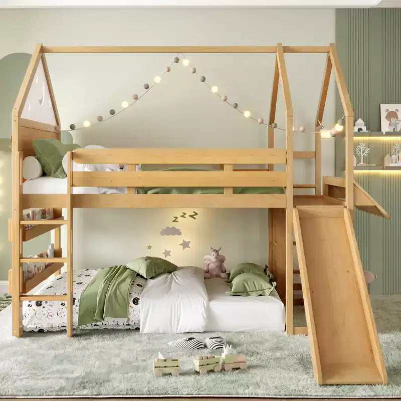 Bellemave - Letto a soppalco singolo per bambini con scivolo e libreria, struttura in legno massello con scaletta convertibile per bambini, letto a casetta
