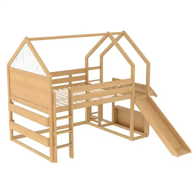 Bellemave - Letto a soppalco singolo per bambini con scivolo e libreria, struttura in legno massello con scaletta convertibile per bambini, letto a casetta
