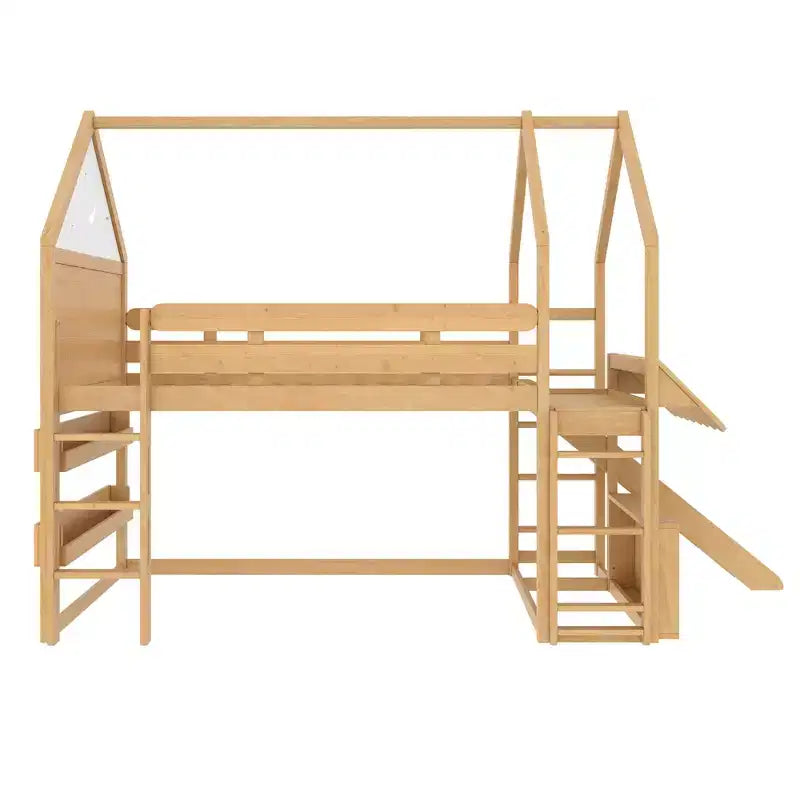 Bellemave - Letto a soppalco singolo per bambini con scivolo e libreria, struttura in legno massello con scaletta convertibile per bambini, letto a casetta