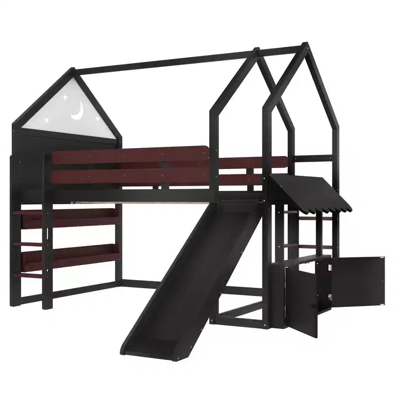 Bellemave - Letto a soppalco singolo per bambini con scivolo e libreria, struttura in legno massello con scaletta convertibile per bambini, letto a casetta