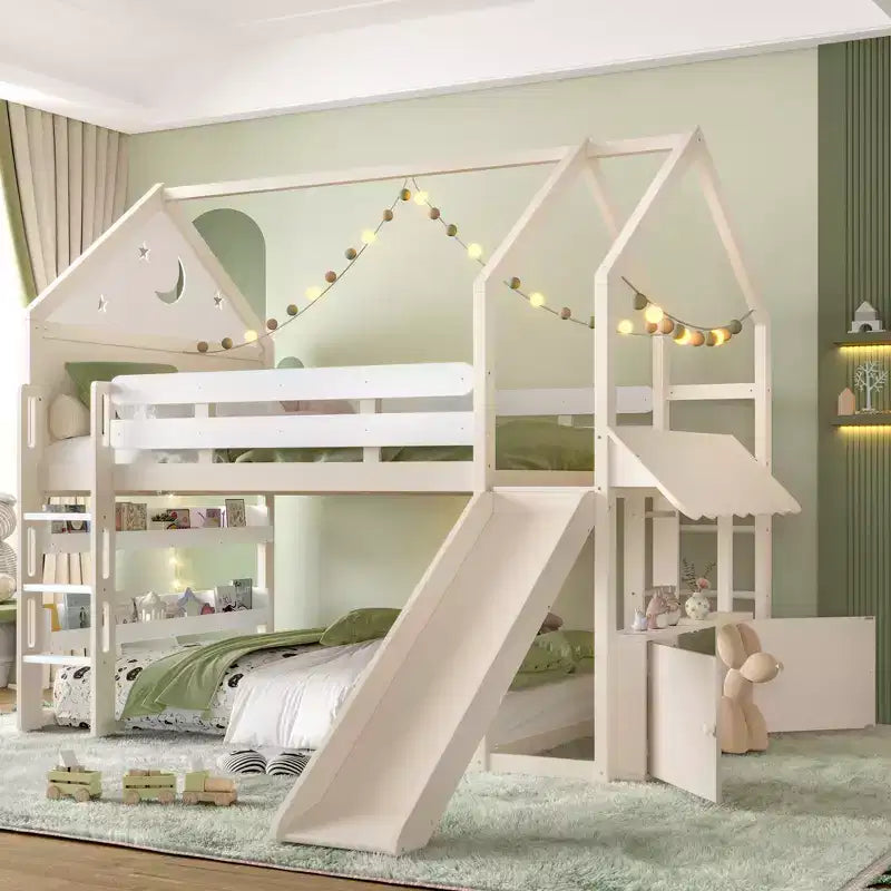 Bellemave - Letto a soppalco singolo per bambini con scivolo e libreria, struttura in legno massello con scaletta convertibile per bambini, letto a casetta