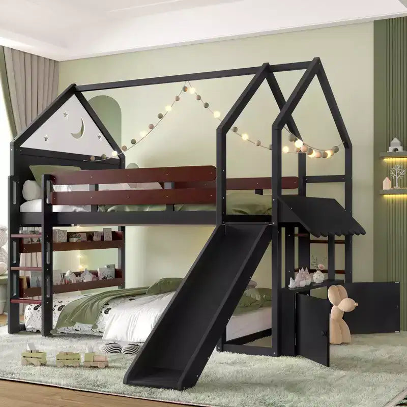 Bellemave - Letto a soppalco singolo per bambini con scivolo e libreria, struttura in legno massello con scaletta convertibile per bambini, letto a casetta