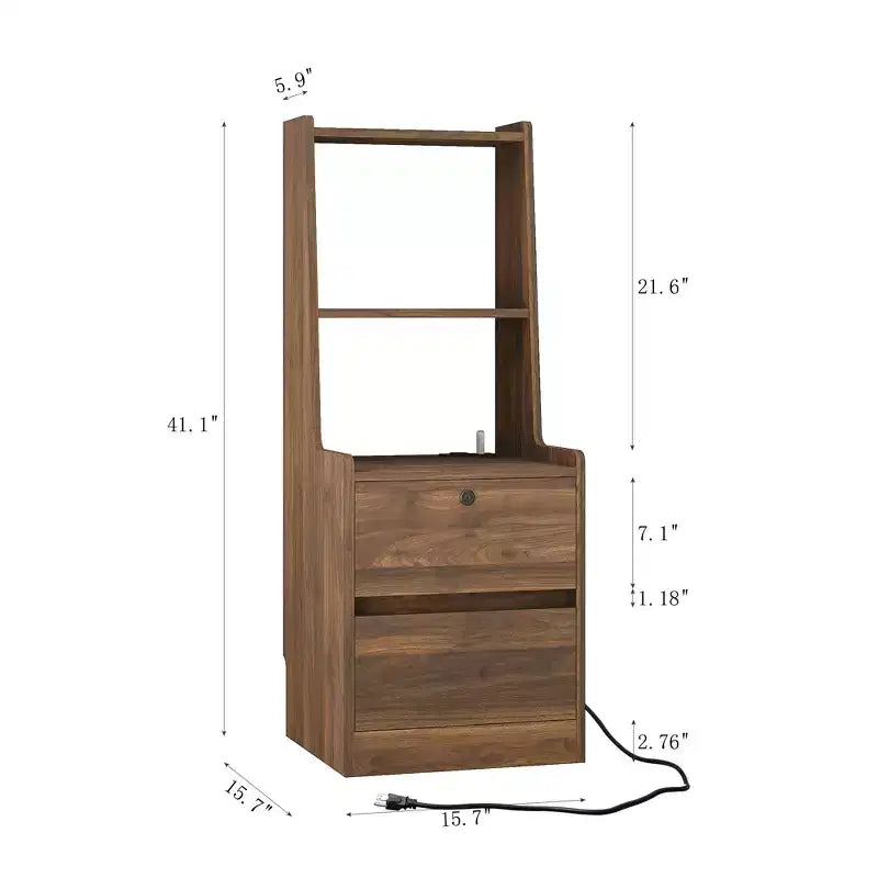 Comodino con stazione di ricarica da 15 pollici JVNOXK, comodino intelligente con libreria, vano portaoggetti, funzione di chiusura, finitura in legno con chiusura