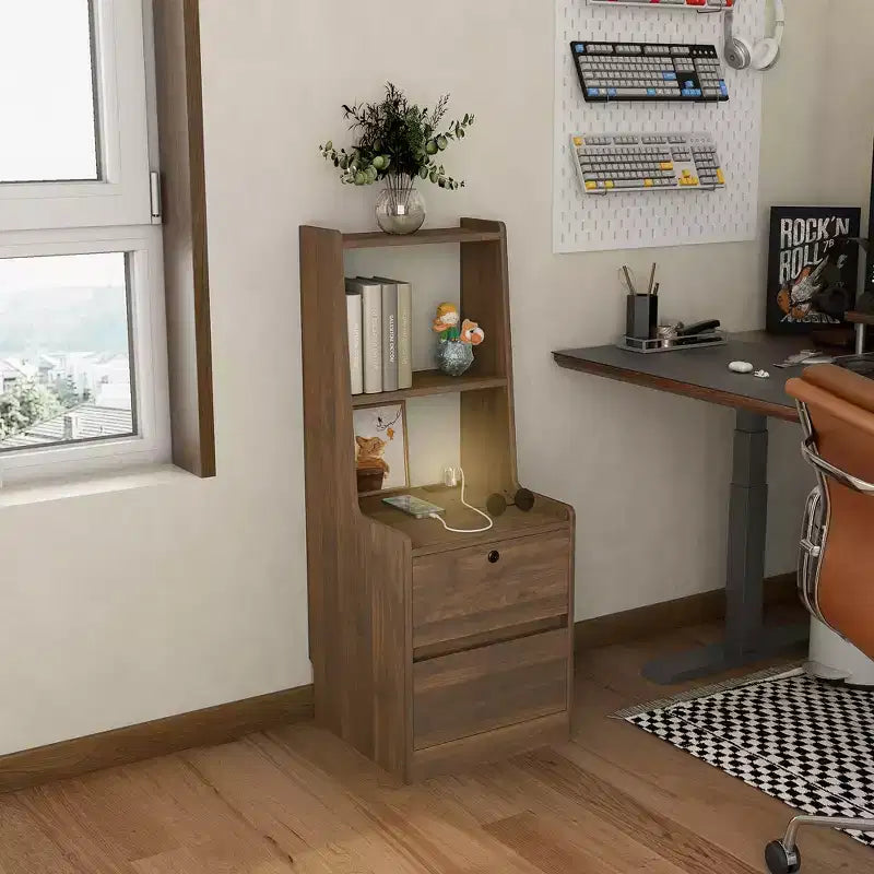 Comodino con stazione di ricarica da 15 pollici JVNOXK, comodino intelligente con libreria, vano portaoggetti, funzione di chiusura, finitura in legno con chiusura